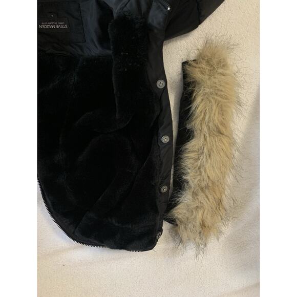 Steve Madden Bomber Jacket L Black Sherpa Faux Fur Hooded - Picture 7 of 7